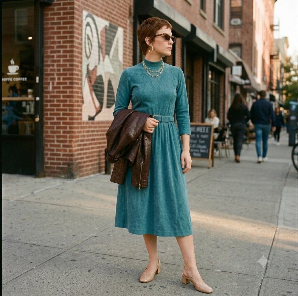 Vtg. 80s dress w/ vegan suede skirt and applique, size 10